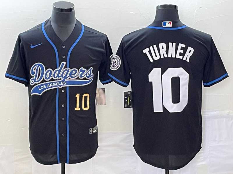 Mens Los Angeles Dodgers #10 Justin Turner Number Black With Patch Cool Base Stitched Baseball Jersey